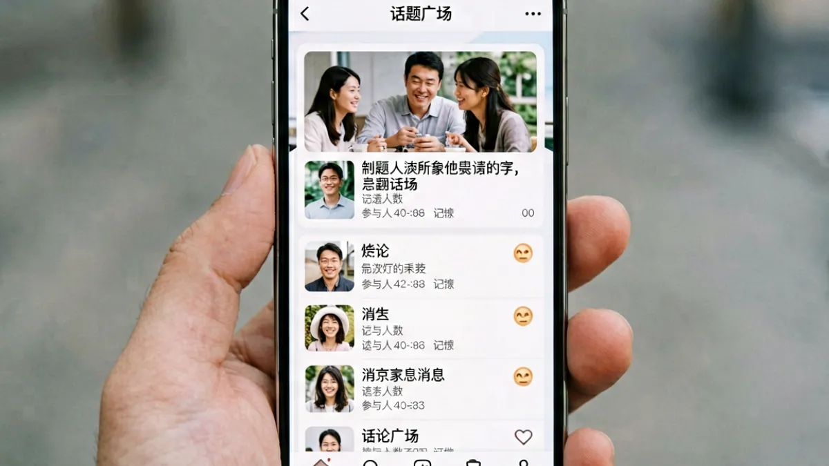 男同网社群功能更新示意图，展示话题广场与实时讨论列表的界面截图场景