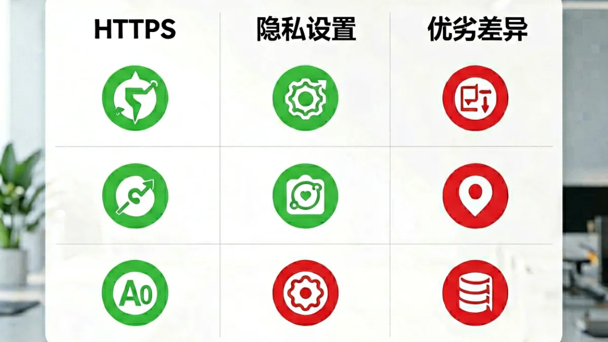 对比图表展示男同网平台安全性指标，包括HTTPS状态、隐私设置项数量与举报响应时间的三列数据