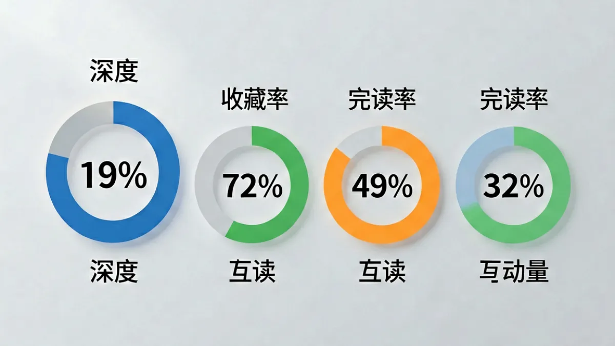 男同网内容评分维度示意图，四个圆形指标分布展示深度、收藏、完读率与互动权重